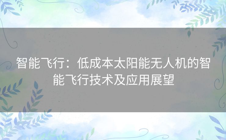 智能飞行：低成本太阳能无人机的智能飞行技术及应用展望
