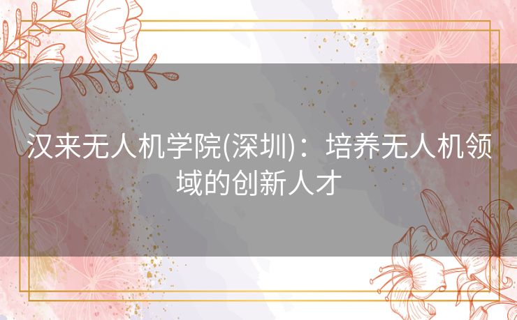 汉来无人机学院(深圳)：培养无人机领域的创新人才